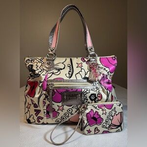 Coach Poppy Petal Print Rocker Purse  Pristine 16308 + Wristlet Set